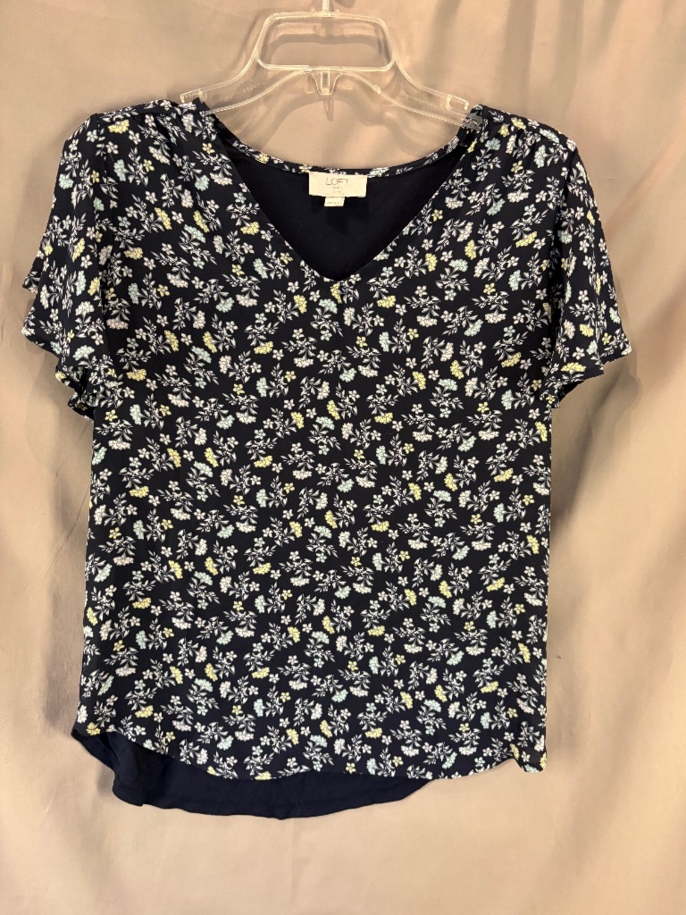 LOFT Petite Short Sleeve Blouse, Dark Blue with multicolor flowers Size XSP